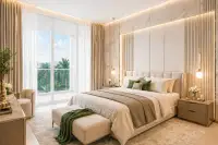 Studio Condo for Sale at Love It Wongamat Beach luxurious bedroom with gold-lit marble headboard wall and tropical garden view