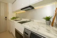 Studio Condo for Sale at Sands Condominium close-up of marble kitchen counter induction hob sink and range hood