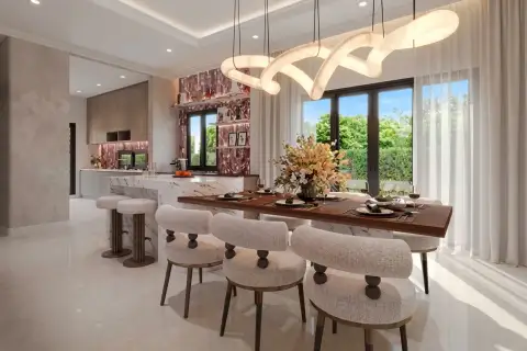 4 Bedroom House for Sale at Windemere open-plan dining area with marble kitchen island and sculptural pendant light