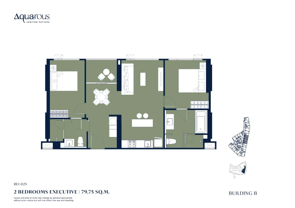 2 Bedroom Condo for Sale at Aquarous Jomtien Pattaya kitchen island with marble countertop and formal table setting