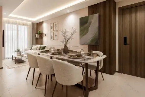 2 Bedroom Condo for Sale at Siam Oriental Beach: elegant dining area with set table and chairs, leading to a bright living room.