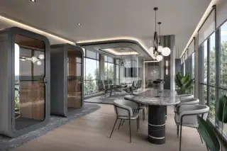 Spectra Residence co-working space with marble conference table, private phone booths, pendant lighting and floor-to-ceiling windows