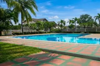 Areeya Villa large outdoor swimming pool with tiled deck, surrounded by tropical palm trees and lush greenery.