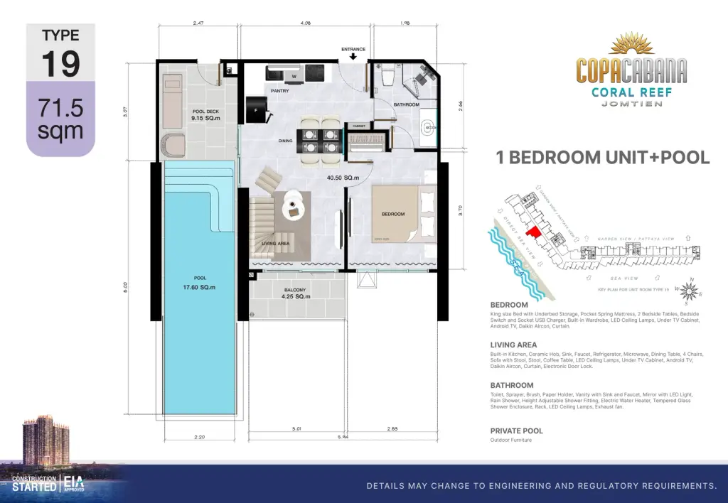 1 Bedroom Condo for Sale at Copacabana Coral Reef open-plan living room with cream sofa, dining area, modern kitchen and private pool access