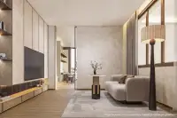 4 Bedroom House for Sale at Patta Riverine contemporary lounge with built-in TV wall, textured plaster walls, and large windows