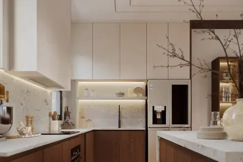 3 Bedroom House for Sale at Solava Pattaya kitchen with stone backsplash, under-cabinet lighting, wood cabinetry, and built-in fridge