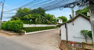 Baan Suan Suwattana Phase 2 residential street with palm trees, lush greenery, and parked cars.