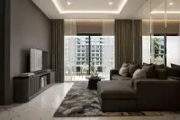 2 Bedroom Condo for Sale at Zenith 2 modern living room with dark sectional sofa, marble floors and balcony pool view