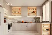 4 Bedroom House for Sale at Patta Terrane modern kitchen with marble backsplash, white cabinets and lit open shelves