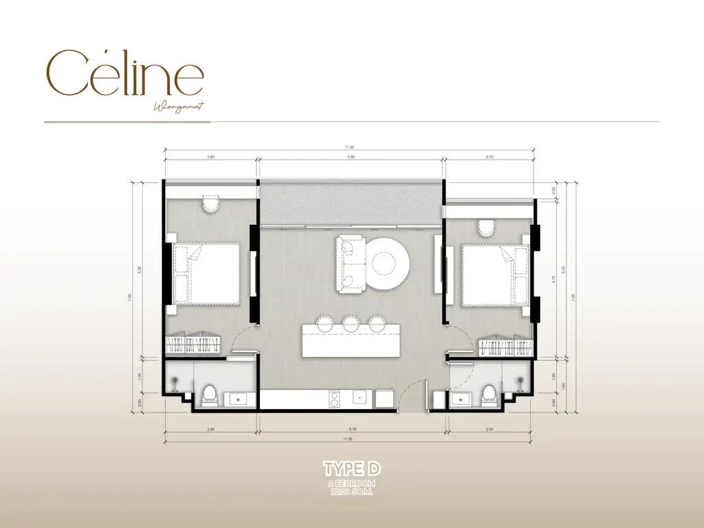 2 Bedroom Condo for Sale at Celine Wongamat bright bedroom with wall-mounted TV, built-in desk and garden view window