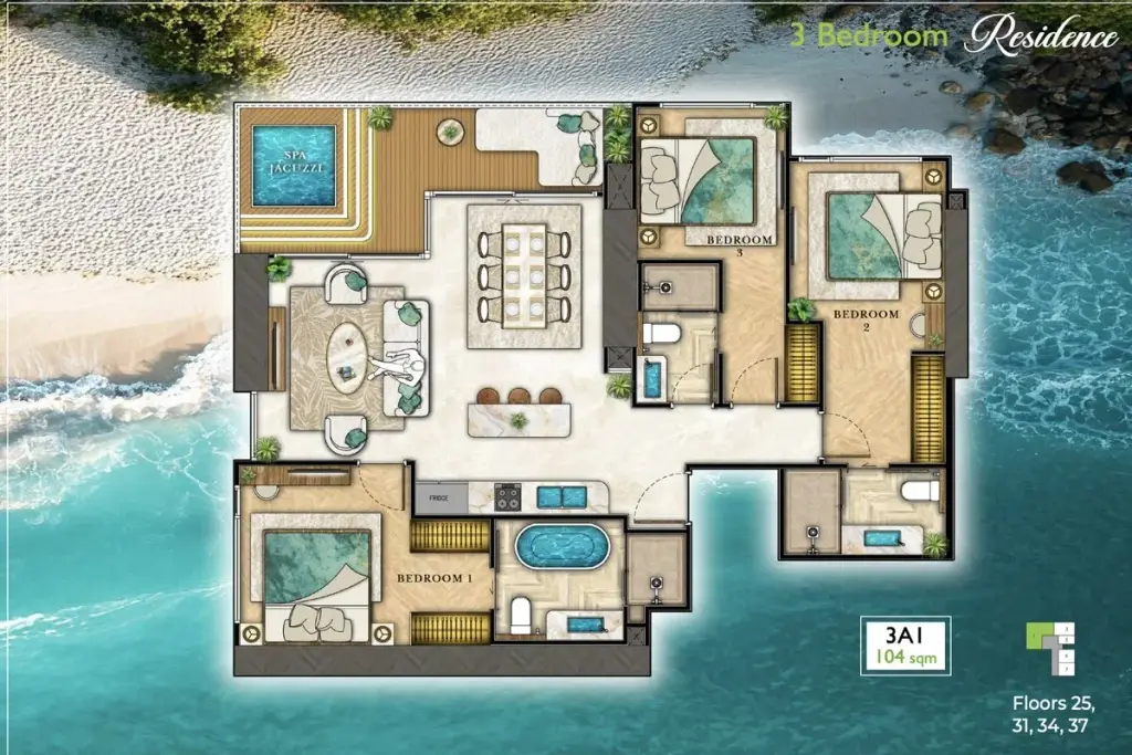 3 Bedroom Condo for Sale at The Riviera Palm Beach Wongamat, Pattaya, Thailand — 3-bedroom Condo — floor plan