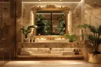 1 Bedroom Condo for Sale at The Riviera Palm Beach opulent bathroom vanity with marble countertop and ornate gold mirror