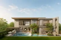 4 Bedroom House for Sale at Solava Pattaya rear exterior view with private pool, outdoor kitchen pavilion and floor-to-ceiling windows
