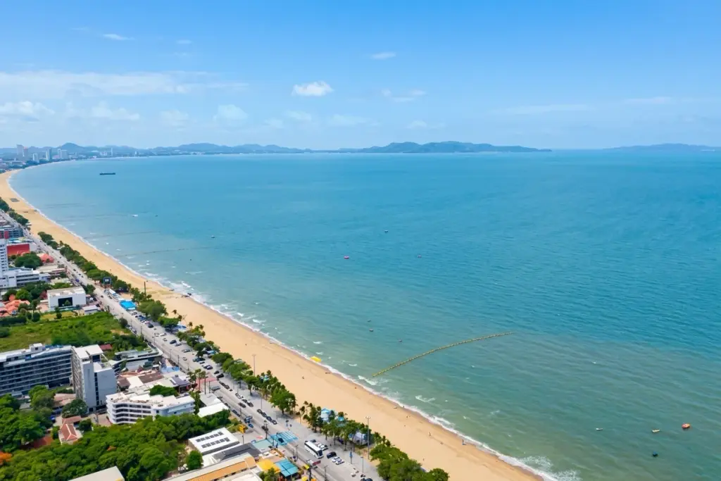 1 Bedroom Condo for Rent at Copacabana Beach Jomtien aerial view of Jomtien beach coastline and sea