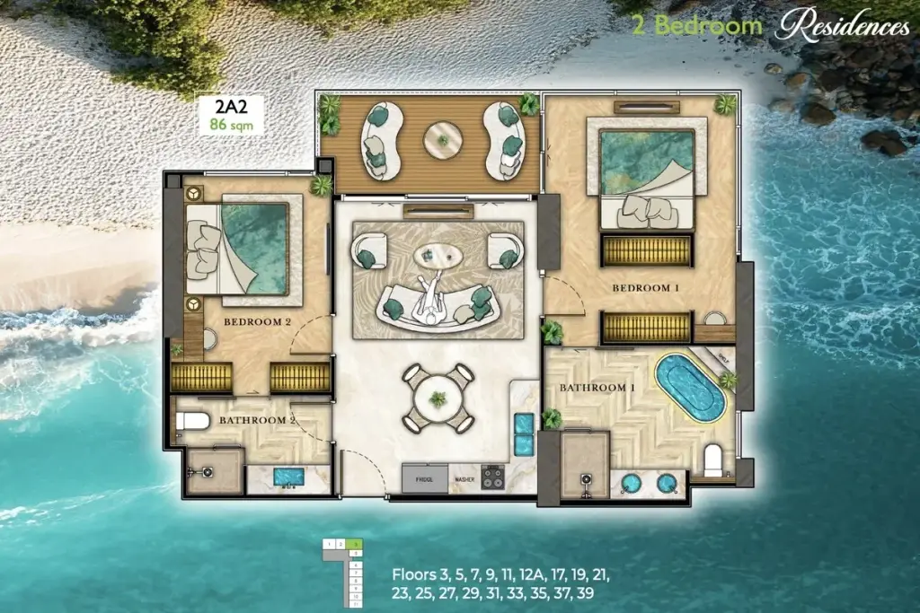 2 Bedroom Condo for Sale at The Riviera Palm Beach Wongamat, Pattaya, Thailand — 2-bedroom Condo — floor plan
