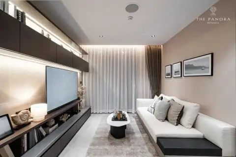1 Bedroom Condo for Sale at Panora Estuaria: Kitchen dining bar with place settings, leading to a vanity area.