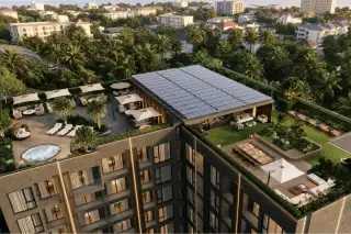 Level Pratumnak rooftop aerial view with solar panels, jacuzzi, sun deck, green lawn garden and city panorama