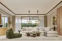 4 Bedroom House for Sale at Solava Pattaya spacious living room with cream sectional sofa, green accent chair, and floor-to-ceiling windows