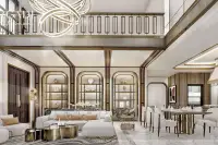 4 Bedroom House for Sale at Arcade Autograph open-plan living and dining area with gold arched display shelves and mezzanine