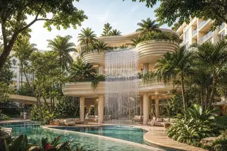 Love It Wongamat Beach resort-style pool with dramatic waterfall feature curved balconies and tropical gardens
