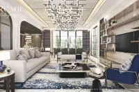 4 Bedroom House for Sale at Arcade Autograph grand living room with sculptural chandelier and floor-to-ceiling windows in Pattaya
