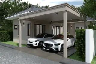 Living 19 At Santisuk covered double carport with two white luxury cars and wall-lit house entrance