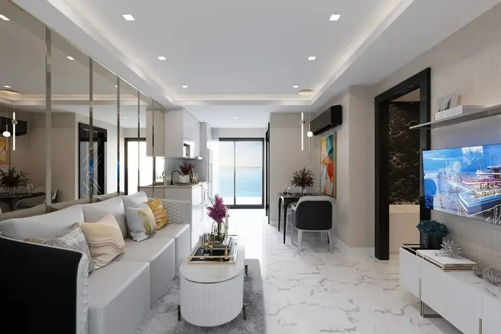 2 Bedroom Condo for Sale at Grand Solaire Noble master bedroom with city view balcony and wall-mounted TV