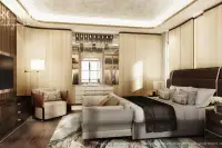 4 Bedroom House for Sale at Arcade Autograph luxurious master bedroom with dark wood headboard, built-in wardrobe and hardwood floors