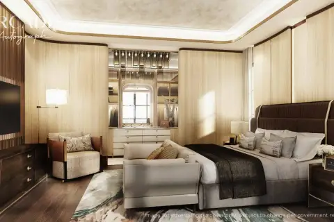 4 Bedroom House for Sale at Arcade Autograph luxurious master bedroom with dark wood headboard, built-in wardrobe and hardwood floors