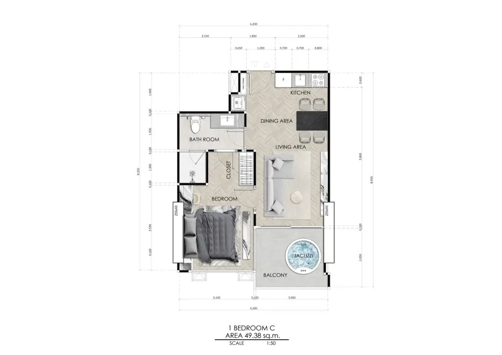 1 Bedroom Condo for Sale at Seaspire Jomtien open-plan living area with white kitchen cabinets, marble backsplash, and washer unit
