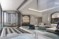 3 Bedroom Condo for Sale at Aquarous Jomtien Pattaya luxury living room with marble floors, bar area, and glass-enclosed lounge nook
