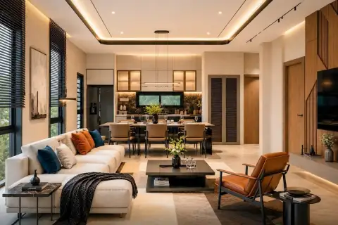 3 Bedroom House for Sale at Spectra Residence open-plan living and dining area with cove lighting and integrated kitchen