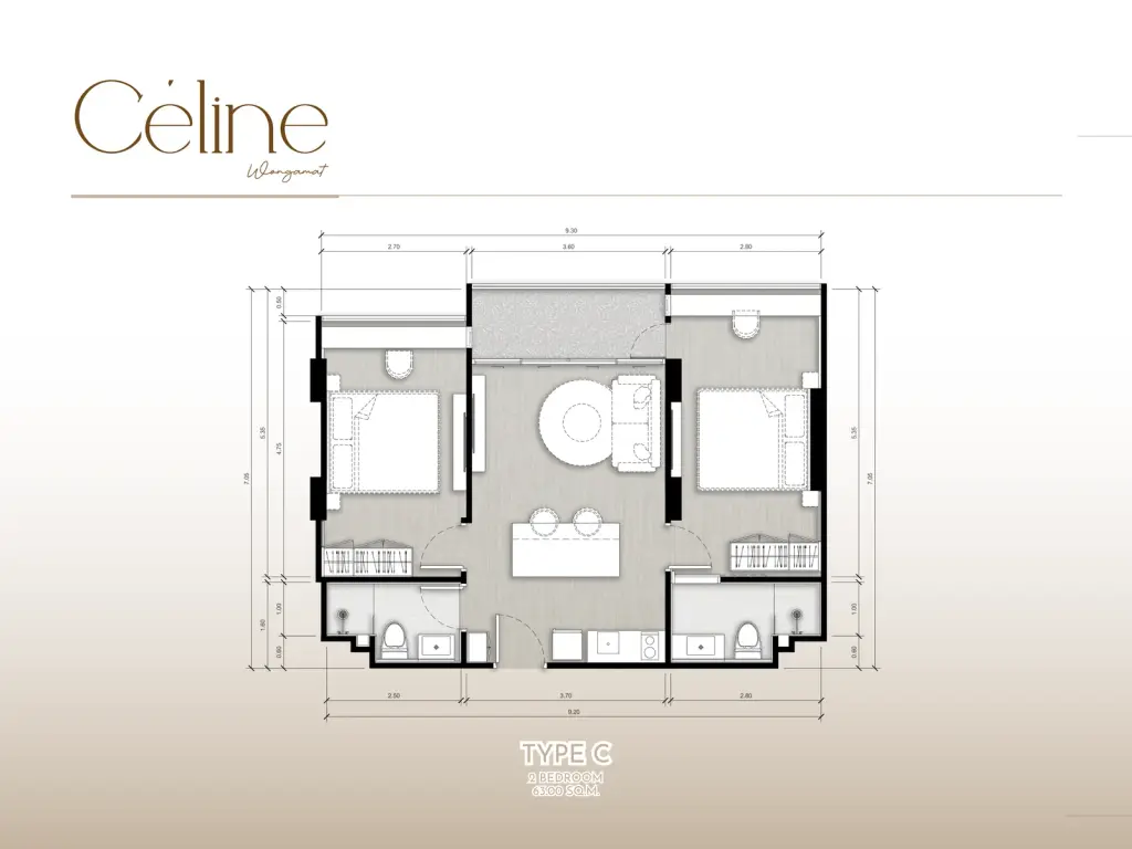 2 Bedroom Condo for Sale at Celine Wongamat open-plan living area with kitchen island, bar stools, and wall-mounted TV