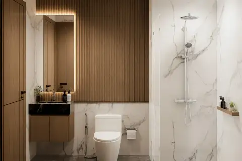 2 Bedroom Condo for Sale at Siam Oriental Beach: stylish bathroom with marble-effect tiles, floating vanity, toilet, and a walk-in shower.