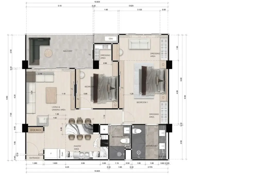 2 Bedroom Condo for Sale at Zensiri Estates and Residences living room with built-in wood TV wall unit and LED cove ceiling lighting