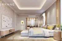4 Bedroom House for Sale at Patta Terrane master bedroom with king bed, gold accents, cove ceiling lighting and walk-in wardrobe