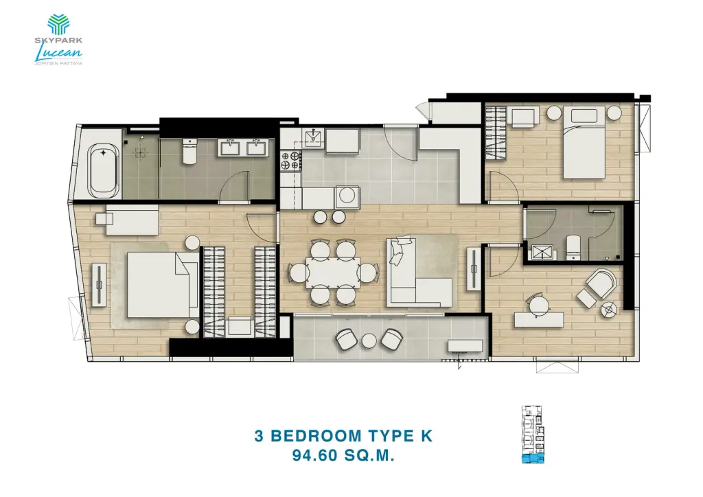 3 Bedroom Condo for Sale at SKYPARK Lucean Jomtien Pattaya, Pattaya, Thailand — 3-bedroom Condo — floor plan