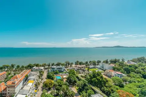 2 Bedroom Condo for Sale at Grand Condotel bird's-eye view of Pattaya beachfront neighbourhood with islands on the horizon