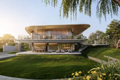 Solava Pattaya modern two-storey house exterior with curved floating roof glass facades and manicured garden lawn