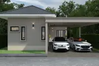 3 Bedroom House for Sale at Living 19 At Santisuk side exterior view with dual carport two white cars and dark tiled roof