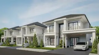 Serene Home: Front view of modern white houses with dark roofs, balconies, and a car in the driveway.