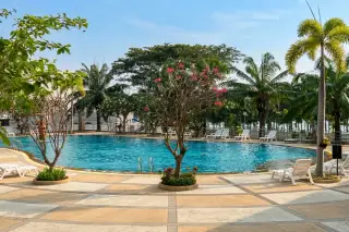 View Talay 7 outdoor swimming pool area with palm trees, sun loungers, and swimmers