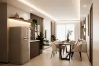3 Bedroom Condo for Sale at Siam Oriental Beach, open-plan living area with dining table and retro refrigerator.
