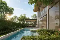 4 Bedroom House for Sale at Solava Pattaya private lap pool with lush tropical garden and shaded pergola seating area