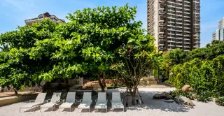 Baan Plai Haad beach area with white sand, lounge chairs, large green trees, and condo building in background.