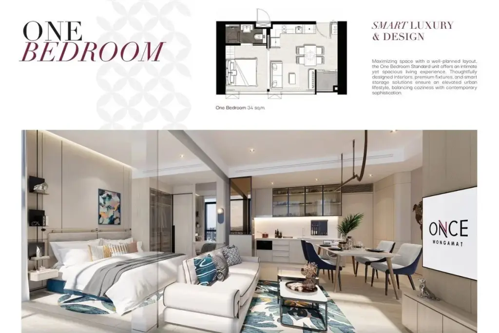 1 Bedroom Condo for Sale at Once Wong Amat illuminated high-rise tower exterior at dusk with city and coastline views