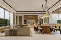 4 Bedroom House for Sale at Solava Pattaya open-plan living and dining area with wood kitchen cabinetry and large glass doors