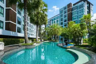 The Private Paradise outdoor swimming pool with dark tiles, surrounded by palm trees and modern blue condo buildings.