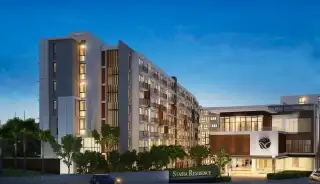 Stasia Dormy Residence twilight exterior rendering of the condo tower with illuminated entrance sign