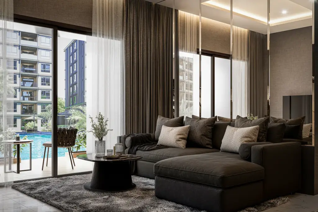 3 Bedroom Condo for Sale at Zenith 2: Modern bedroom with dark gray bedding, black marble accent wall, and garden view.